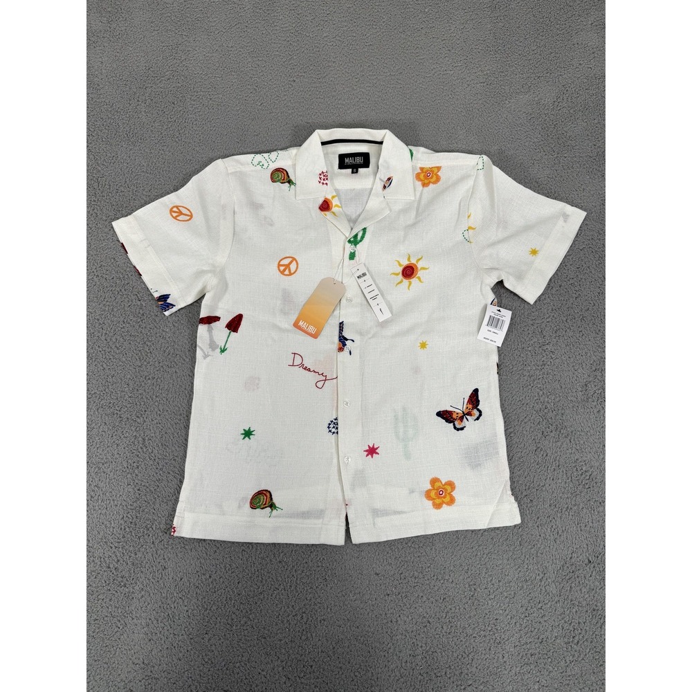 Malibu Shirt Mens Small Ecru Embroidered Button Up Dreamy Sun Butterfly‎ Floral